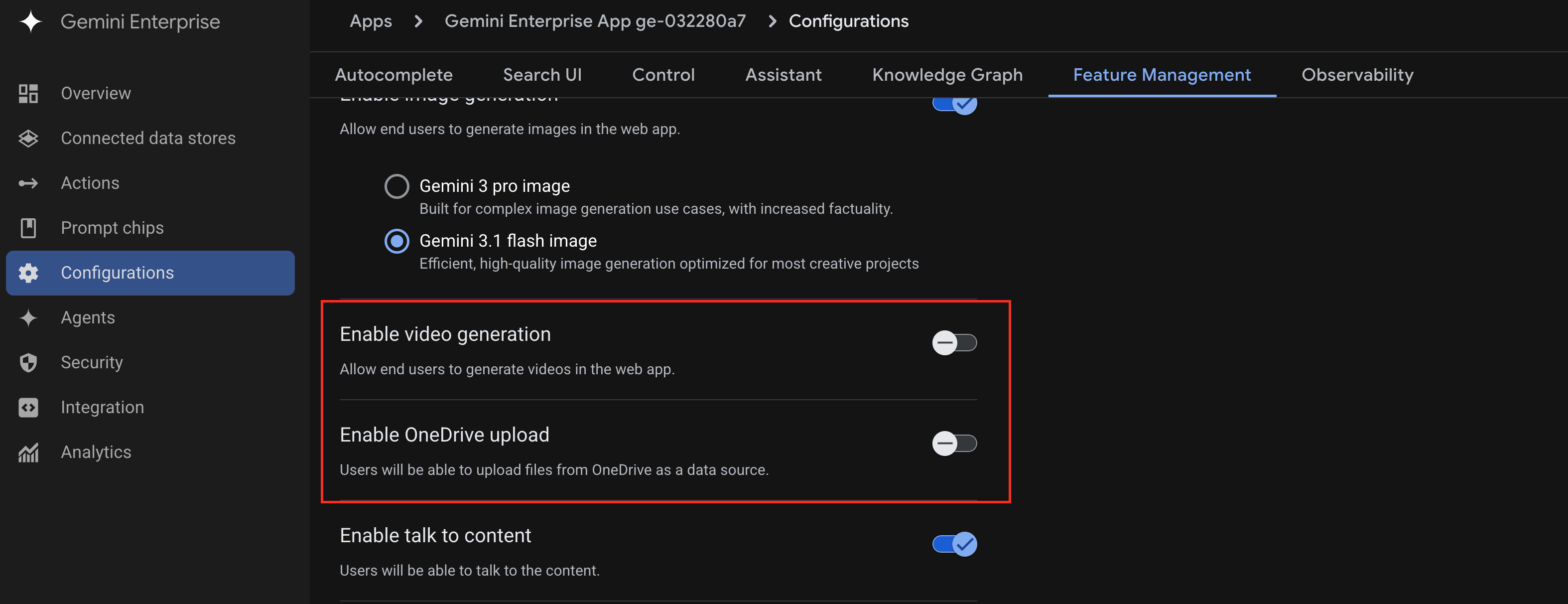 Screenshot showing the gemini enterprise features control