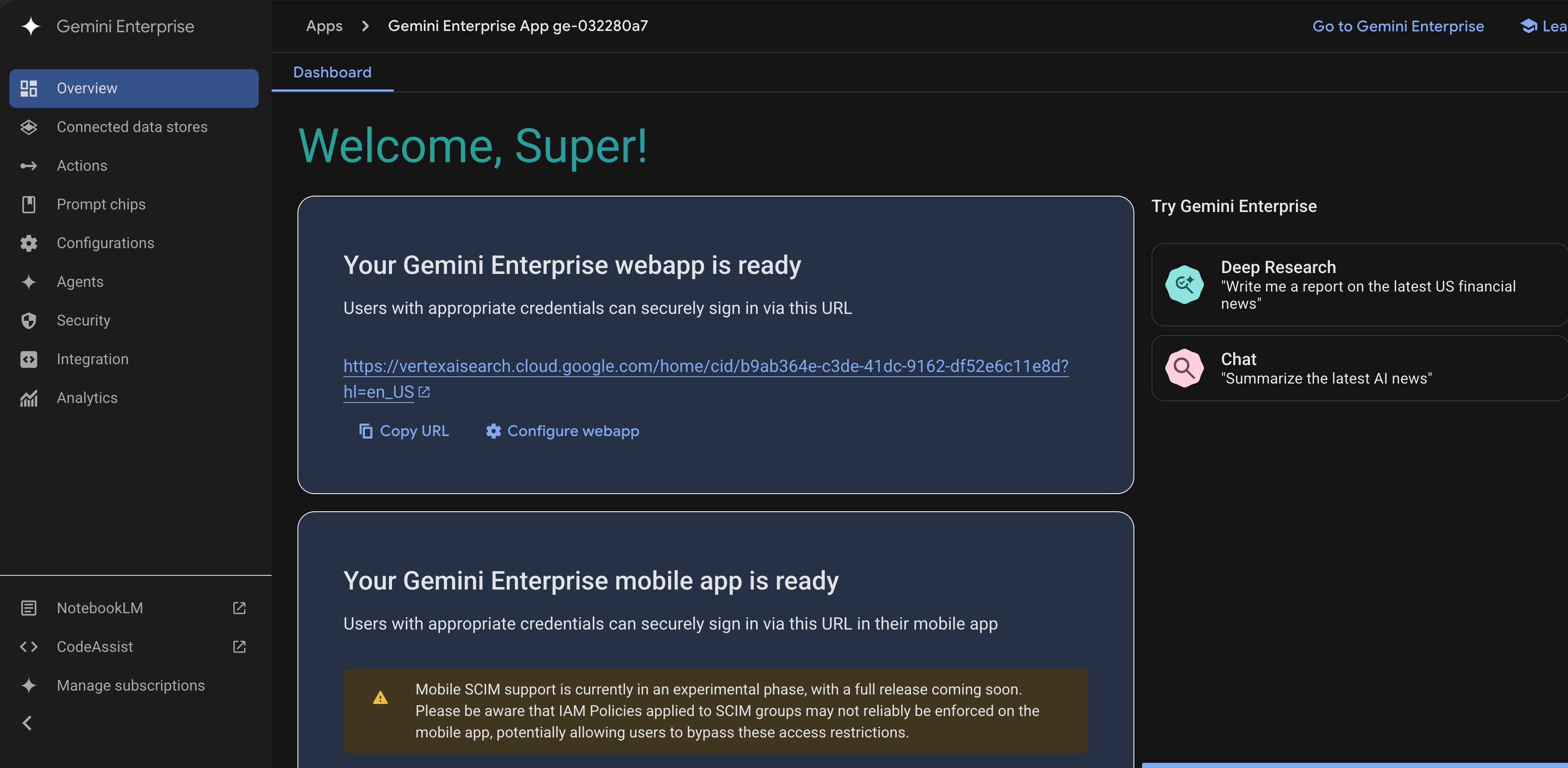 Screenshot showing the gemini enterprise deployment