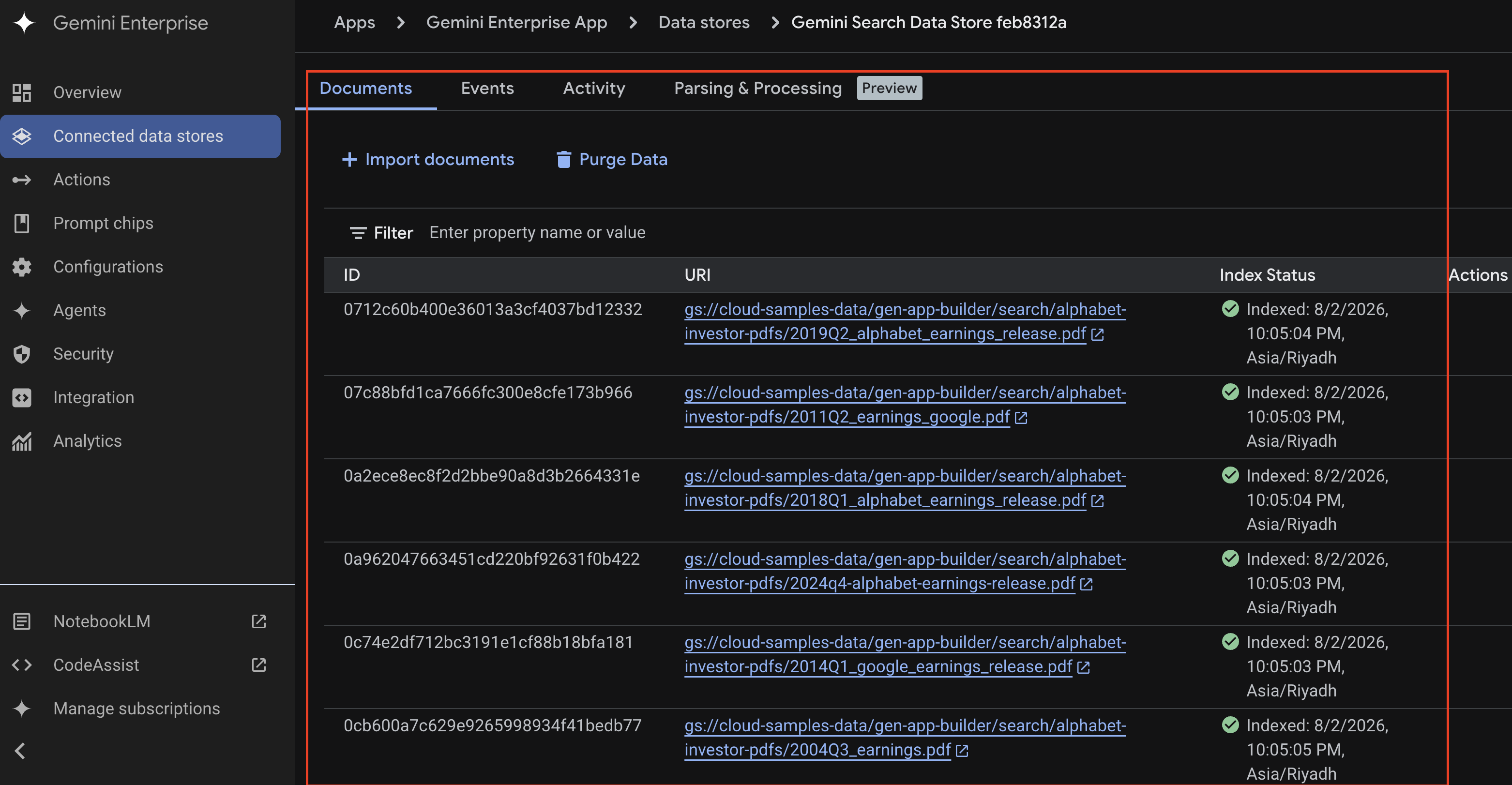 Screenshot showing the gemini enterprise import job completed