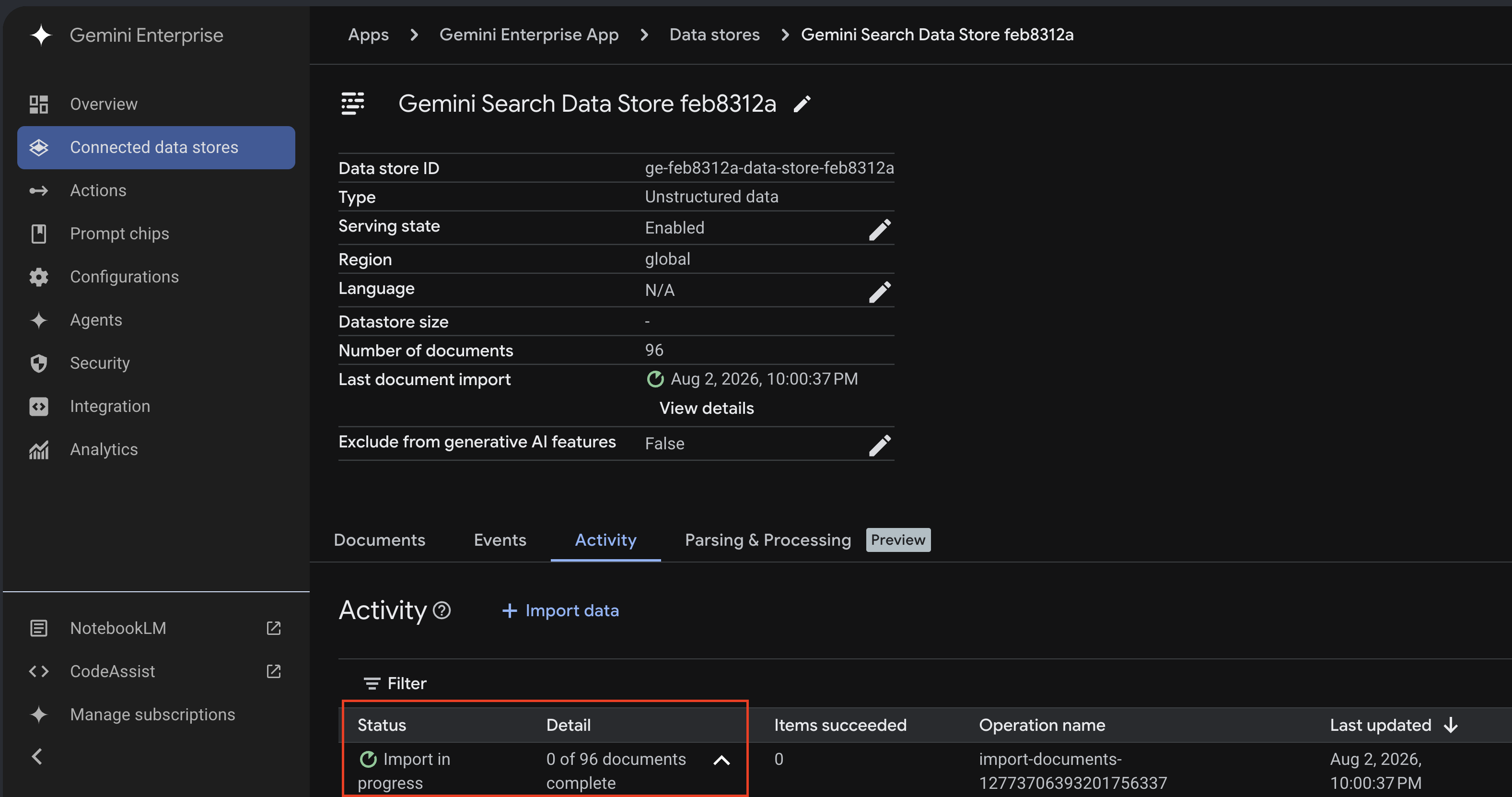 Screenshot showing the gemini enterprise import job