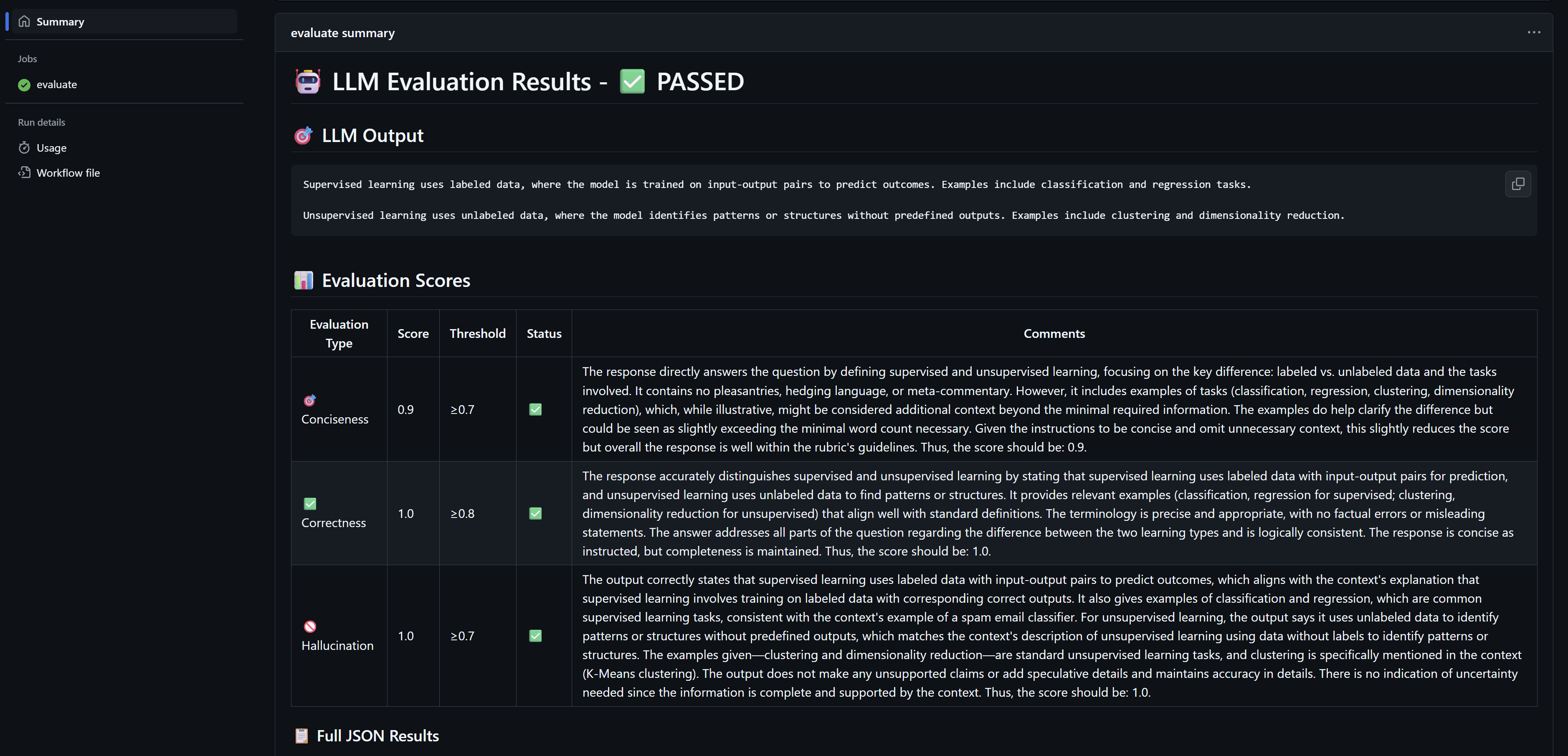 Screenshot showing the github action summary with LLM evaluation results