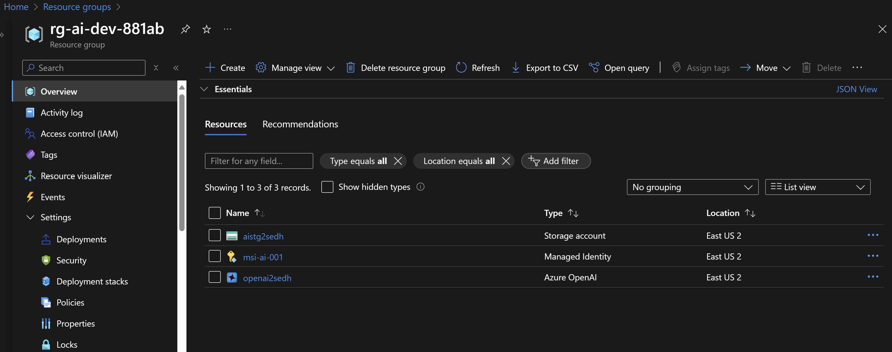 Screenshot showing the resource group with the resources deployed