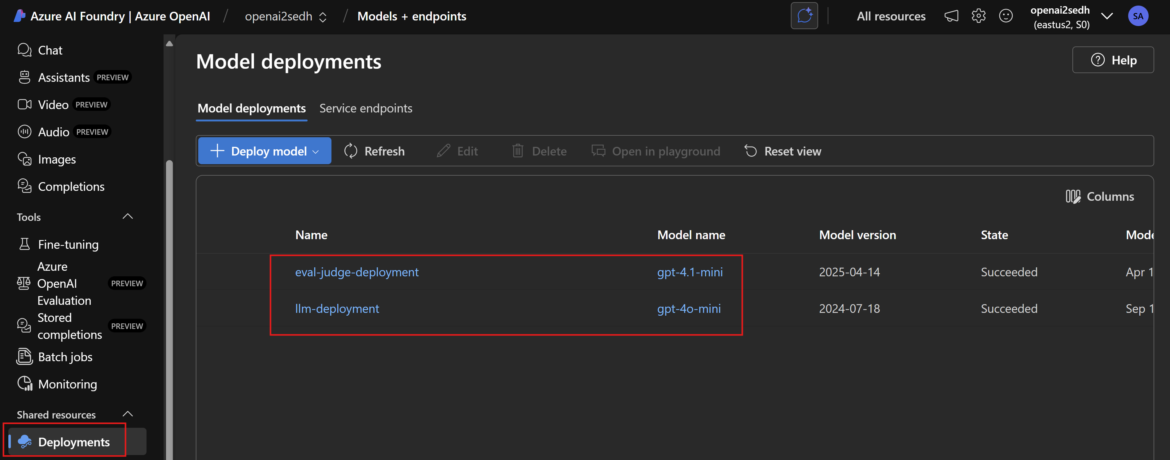Screenshot showing the two models deployed into AI Foundry portal