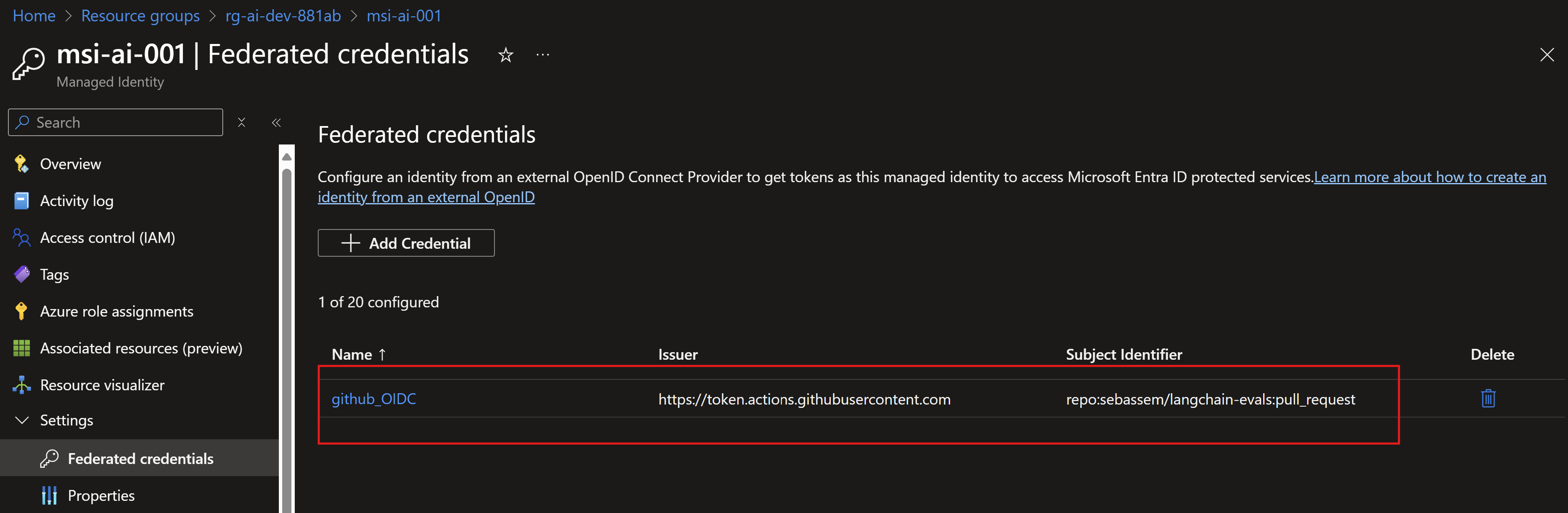 Screenshot showing the federated credential configured for our user-assigned managed identity