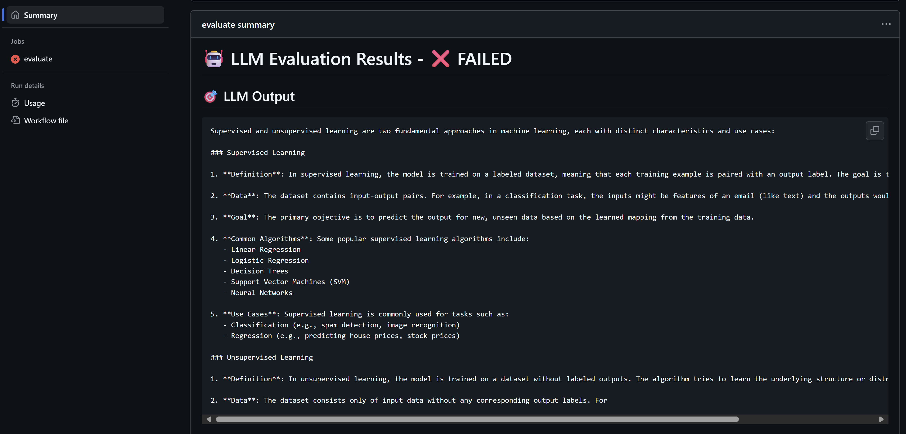 Screenshot showing the LLM output in the job summary