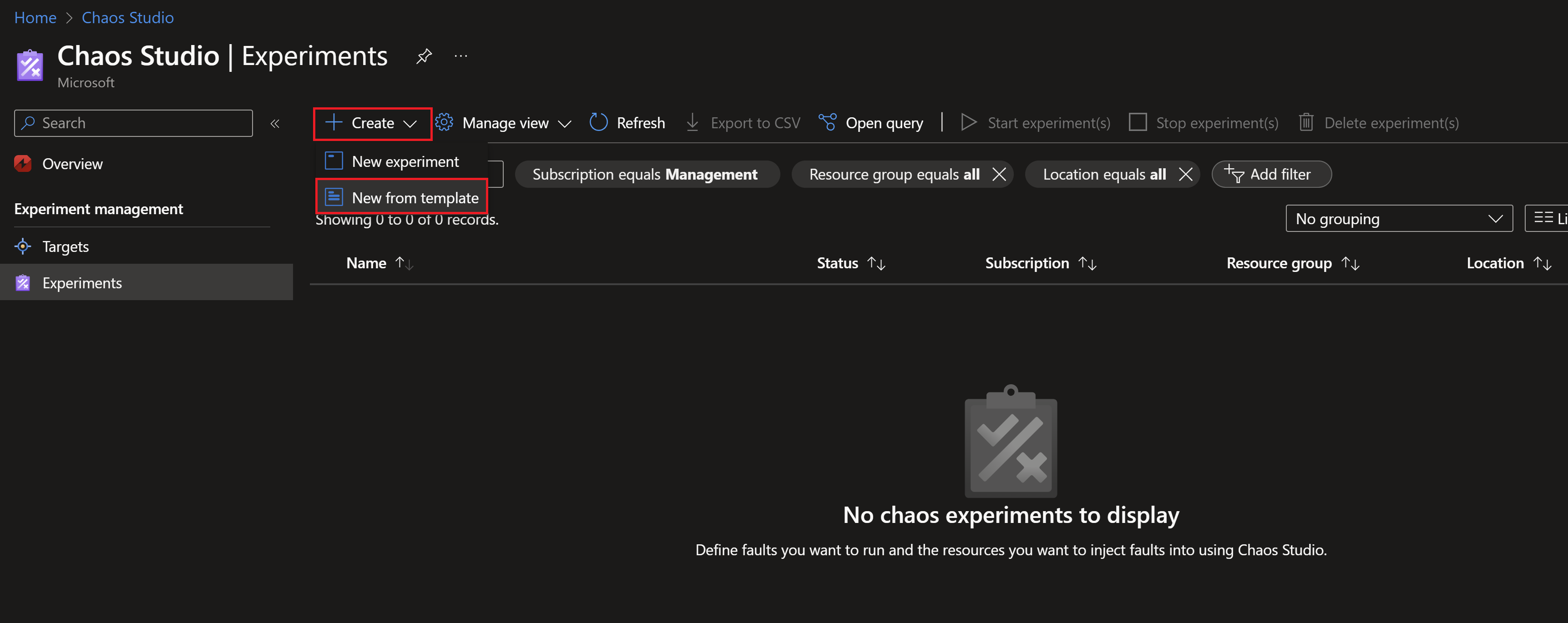 Screenshot showing creating a new experiment from template