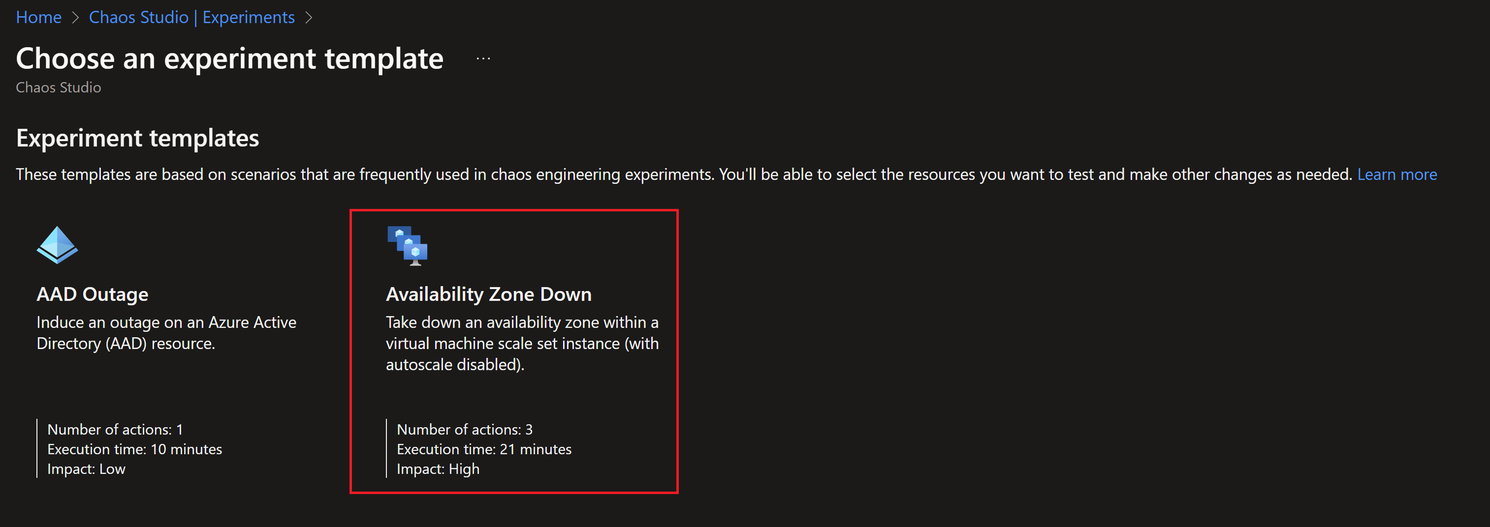 Screenshot showing creating a new availability zone down experiment from template