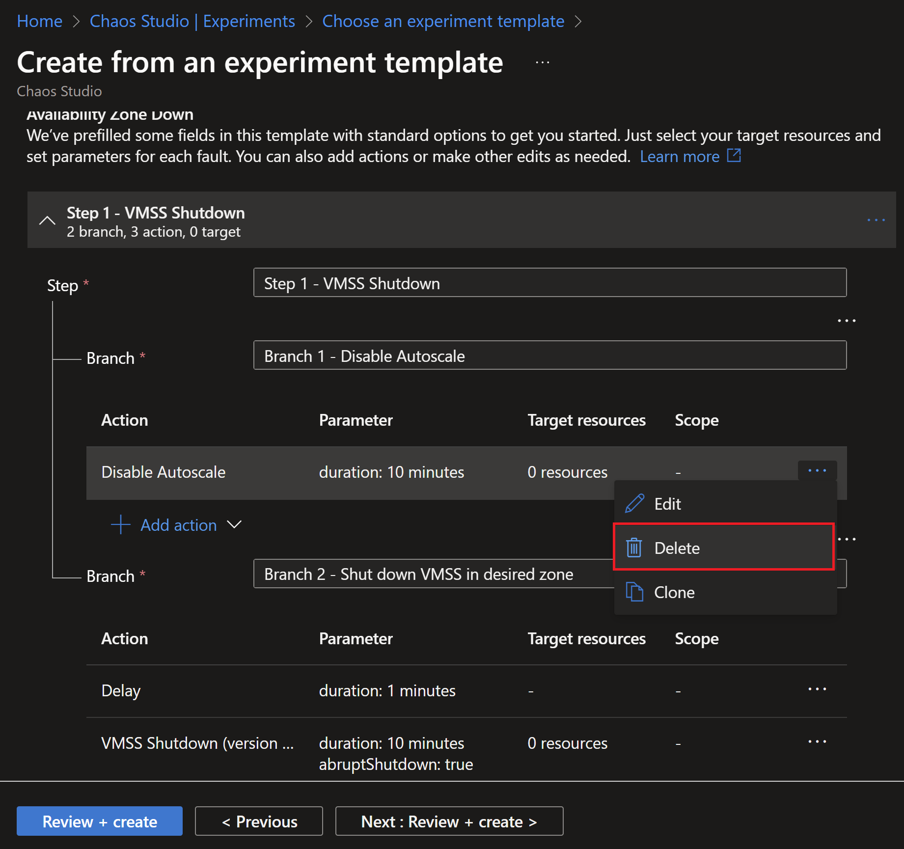 Screenshot showing editing the experiment actions by deleting the disable autoscale step