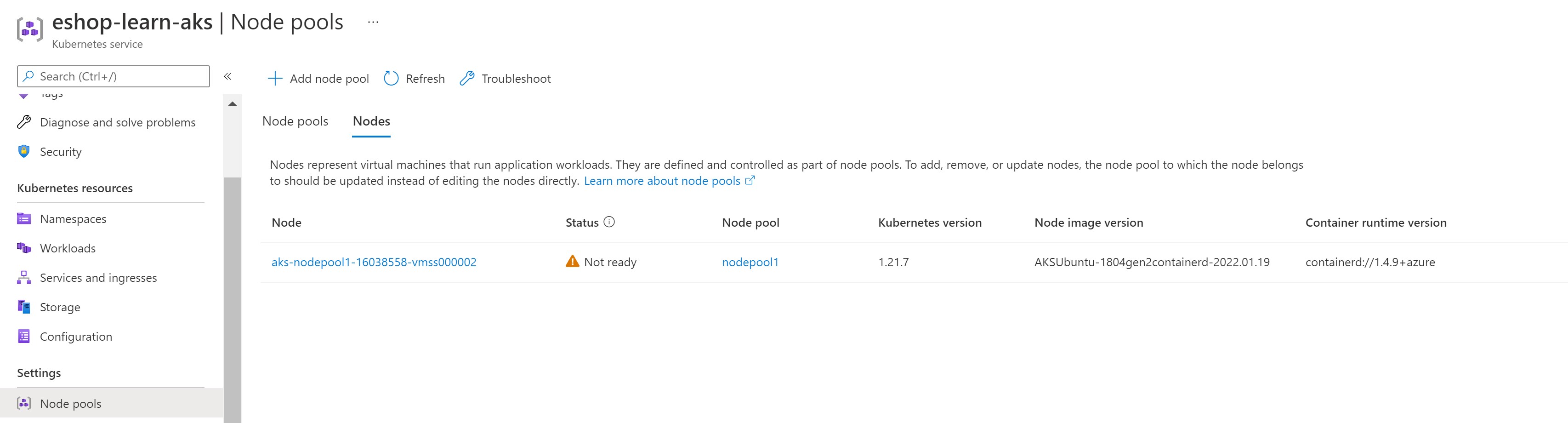 A screenshot showing node pool not running