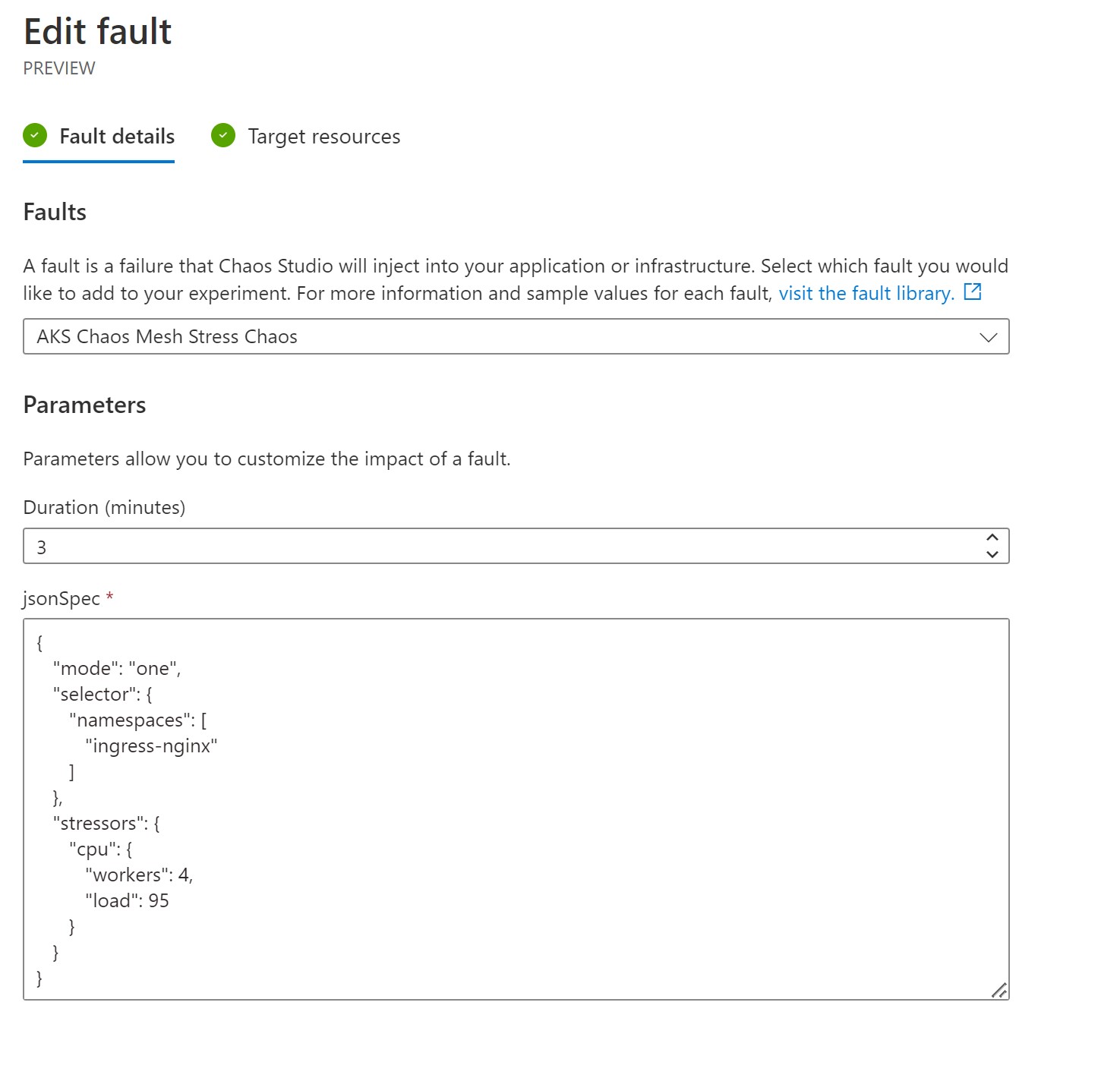 A screenshot showing a new step in Azure chaos studio, showing the steps for an AKS stress fault