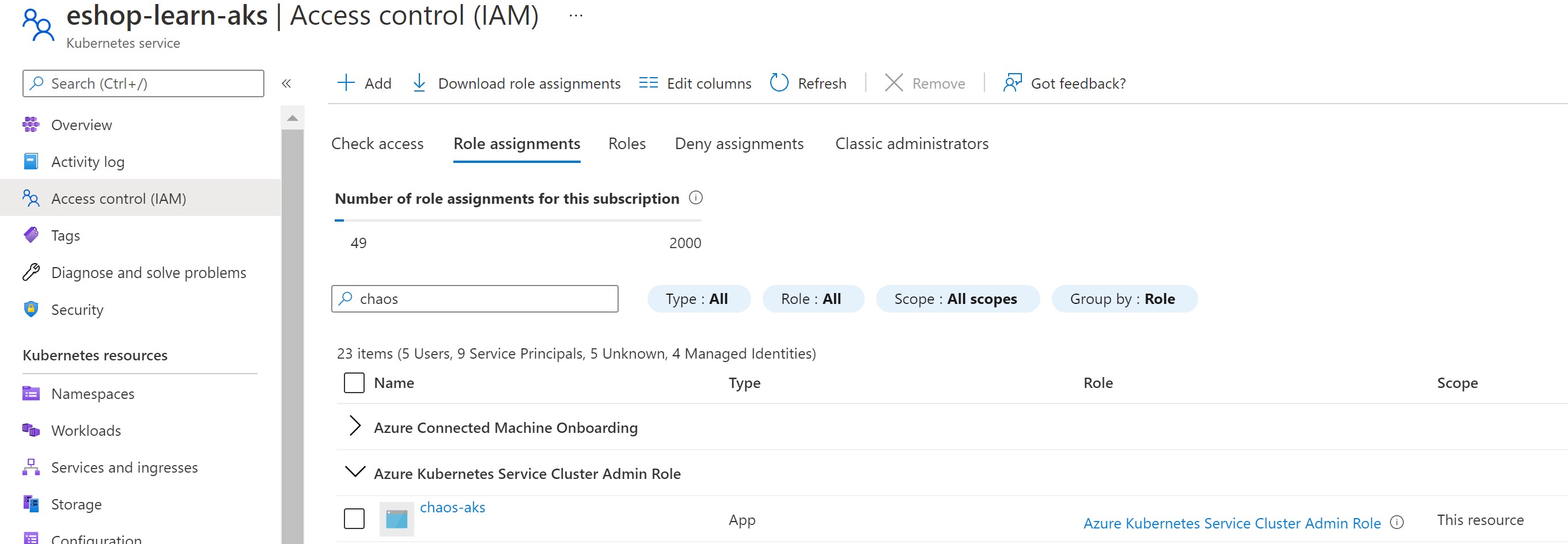 A screenshot showing assigning the Azure Kubernetes Cluster Admin role on the cluster