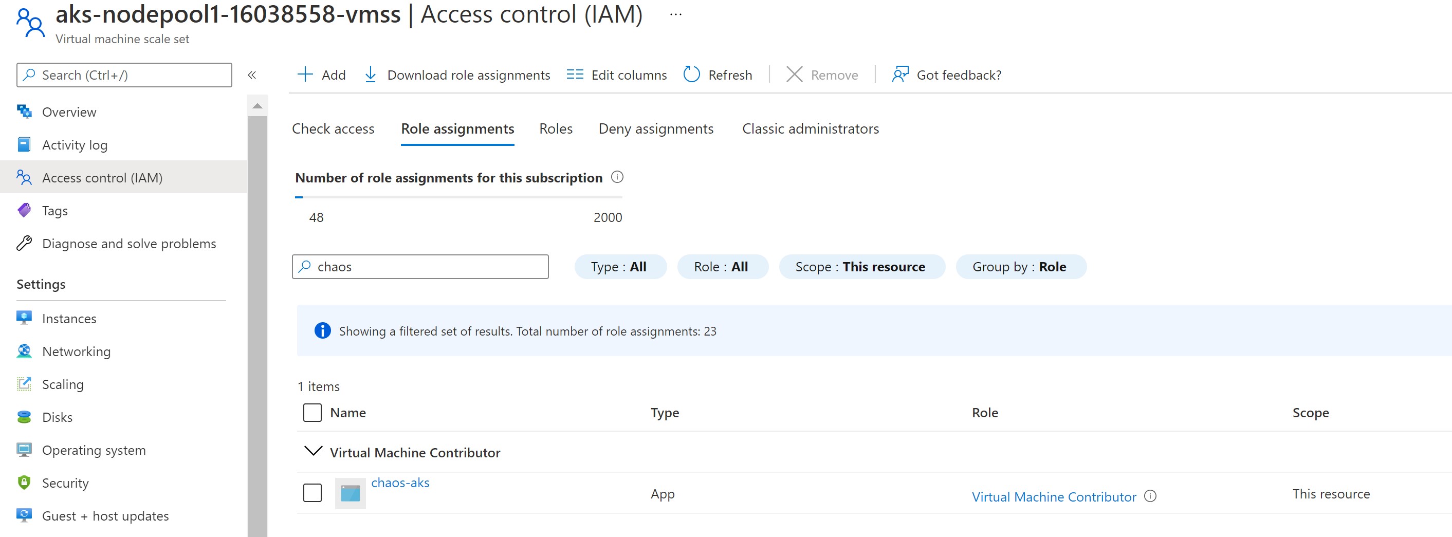 A screenshot showing assigning the Virtual Machine Contributor on the VMSS instance