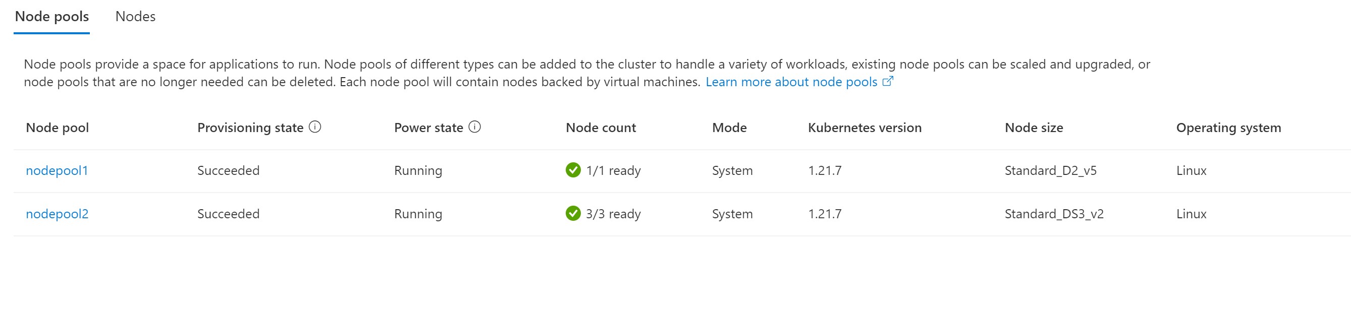 A screenshot showing two node pools running