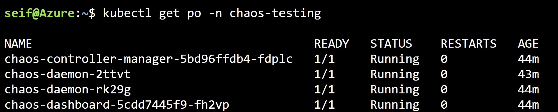 A screenshot showing Azure CLI with the Chaos Mesh pods showing as running