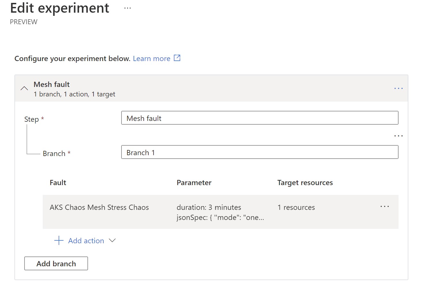 A screenshot showing the AKS mesh stress experiment step